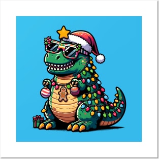 Tree-Rex Holiday Dinosaur - Christmas Tree T-Rex TreeRex Pun with Santa Hat, Lights and Ornaments Posters and Art